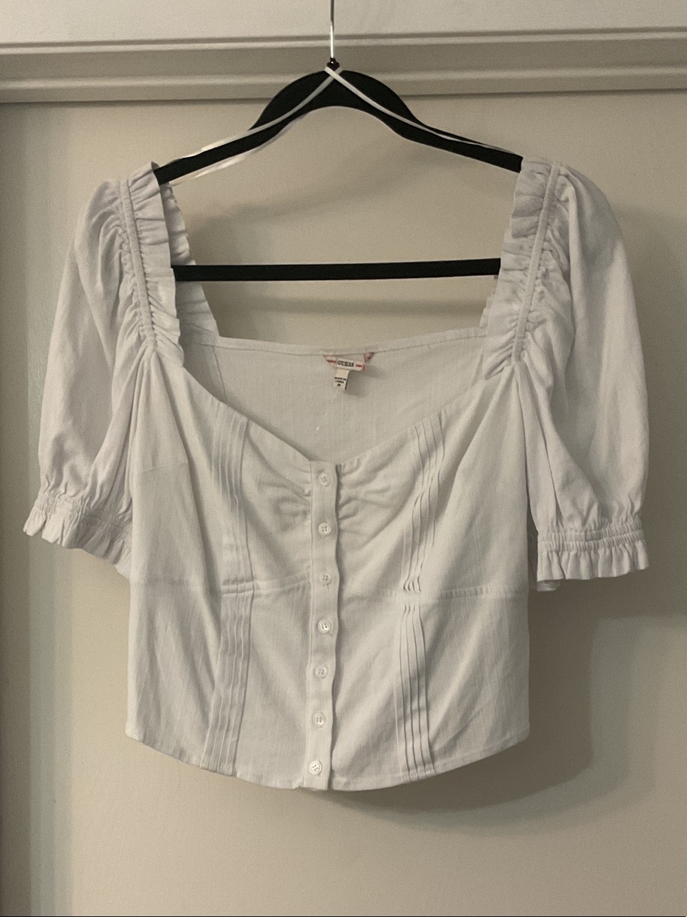 Guess White Square Neck Button-Front Puff Sleeve Blouse